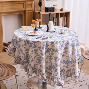 French vintage blue floral round tablecloth with elegant ruffle hem