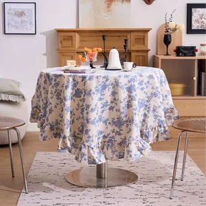 French retro floral round tablecloth with ruffled edges for dining room decor.