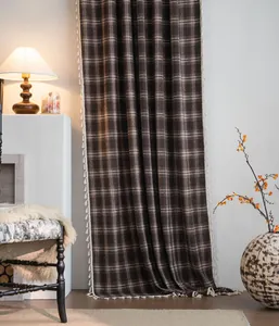 French style coffee plaid woven curtain with tassel fringe for cozy farmhouse home decor