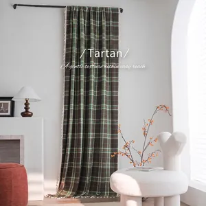 French Retro Plaid Curtain With Tassels Cotton Linen Yarn Dyed Tartan Semi Shading Drape For Kitchen Bedroom Christmas Decor