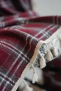 Close-up detail of a red plaid woolen curtain featuring elegant beige tassel fringe