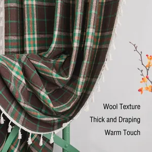 French style retro plaid woolen curtains with tassel fringe, semi-blackout for bay windows
