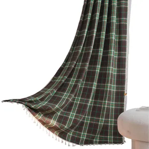 Cozy French style plaid wool-like semi-blackout curtain featuring elegant white tassels