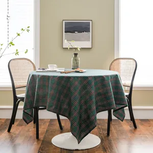 Classic green plaid woven tablecloth for rustic holiday dining room table decoration