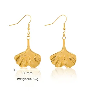 Detailed view of gold-plated ginkgo leaf earrings with dimensions and weight info