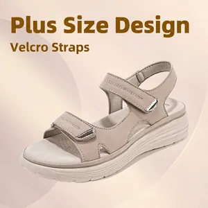 Women's Sporty Casual Platform Sandals Peep Toe Fish Mouth Sandals With Adjustable Velcro Straps PU Leather Walking Shoes