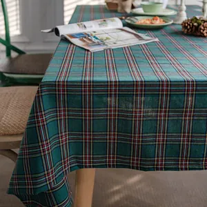 Green plaid tablecloth with festive Christmas pattern for rectangular dining table