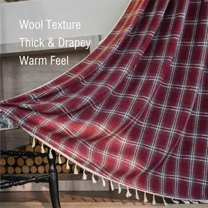 Elegant red plaid woolen curtain with decorative tassels for rustic French home decor