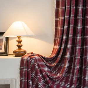 Cozy French retro red and white plaid window curtain with elegant tassel trim decor