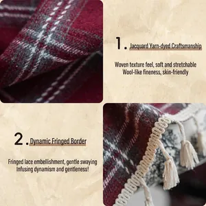 Macro details of red plaid woolen curtain fabric with tassel fringe.