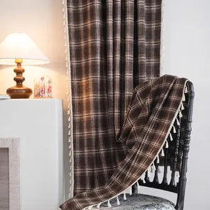 Brown plaid French tassel curtain with semi-blackout fabric for cozy home decor.