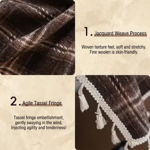 Close-up of coffee checkered yarn-dyed French curtain with fringe tassels detail