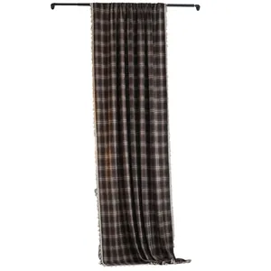 Elegant dark coffee plaid yarn-dyed French curtain panel with delicate white tassel fringe