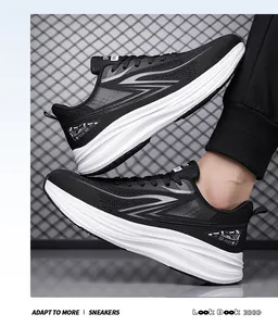 Mens breathable black mesh running sneakers with thick white shock-absorbing soles