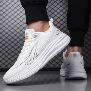 Men's white breathable mesh sports shoes with lightweight cushioned sole for running
