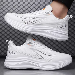White breathable mesh running shoes for men with cushioning sole and fashion sport design