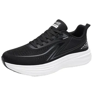 Breathable flying knit mesh running shoes for men with shock-absorbing soft white sole