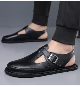 Classic men's black leather sandals with adjustable metal buckle and soft retro sole