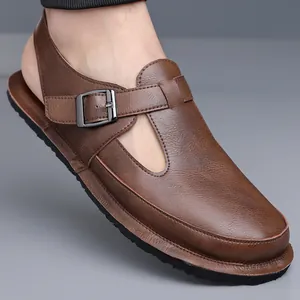Men Retro Casual Sandals Large Size Summer Beach Shoes Synthetic Leather Metal Buckle Soft Sole Non-Slip Slip-On Slippers
