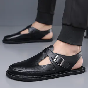 Vintage mens black leather sandals featuring soft soles and adjustable buckles