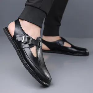 Elegant black leather fisherman sandals for men with comfortable soft sole and buckle detail