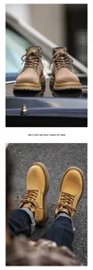 Detailed views of tan men's work boots on car hood and worn on asphalt