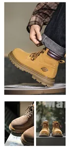 Detailed views of classic men's yellow suede work boots with durable rubber soles