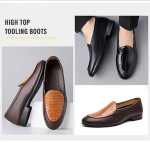 Vue détaillée de mocassins pour hommes élégants avec texture crocodile en noir et marron.