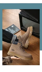 Close-up detail of men's premium khaki suede Martin boots with a durable rubber lug sole.