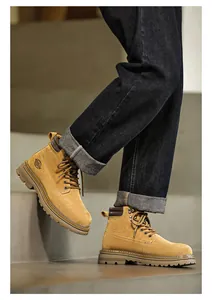 Side view of premium men's suede Martin boots in classic yellow with durable rubber lug sole
