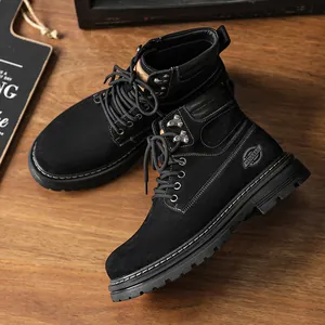 High-end men's black suede Martin boots with rugged lug soles and durable laces