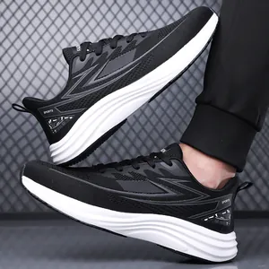 Lightweight black fly-knit men's sports shoes with breathable mesh and white cushioned sole