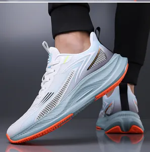 Detailed side view of stylish men's mesh running shoes with orange and blue accents