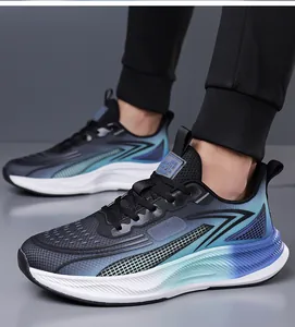Men's breathable mesh running sneakers with blue gradient design and thick cushioning sole
