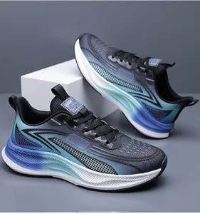 Macro view of blue gradient men's mesh running shoes with thick cushioned athletic soles