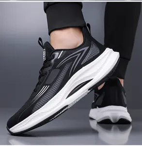 Close-up of black breathable mesh men's running shoes showing side profile and sole