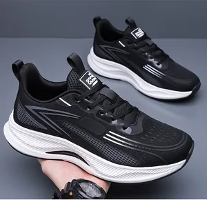 Close-up of men's black mesh running shoe with white sole and lace-up design