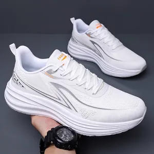 Breathable white mesh running shoes with thick cushioned sole for men