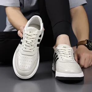 Stylish men's off-white casual sneakers with three black stripes design