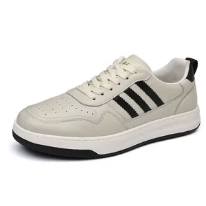 Stylish off-white men's lightweight casual sneakers featuring classic black contrast stripes