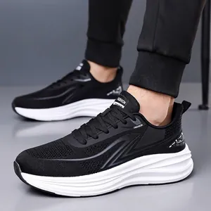Breathable black fly-knit men's running shoes with thick white shock-absorbing soles