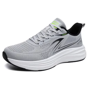 Lightweight grey breathable mesh running shoes for men with shock-absorbing soft sole