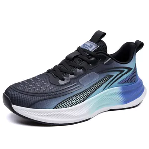 Stylish men's mesh running shoes with blue gradient and thick white sole.