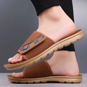 Men's stylish casual brown slides with adjustable velcro strap and non-slip soft sole