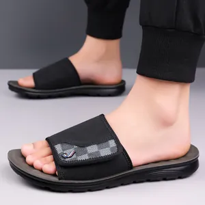 Men's casual black non-slip slides with checkered pattern for summer beach wear