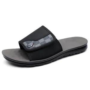 Men's black casual slides with adjustable checkered strap and anti-slip soft sole