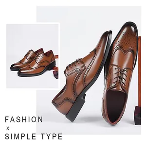 Detailed view of classic brown leather Brogue dress shoes with wingtip perforations.