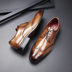Men Business Oxford Shoes British Style Brogue Wingtip Formal Dress Shoes Top Layer Cowhide Lace Up Non-slip Shoes