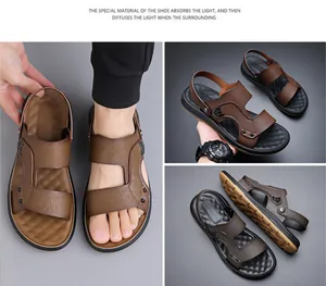 Detailansicht der braunen Herren-Freizeitsandalen mit strukturiertem Leder und Dual-Use-Design
