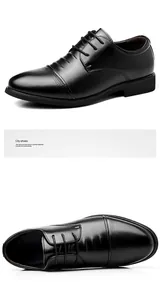 Detailansicht schwarzer Business-Lederschuhe für Herren mit Kappe und Lochmuster-Design.